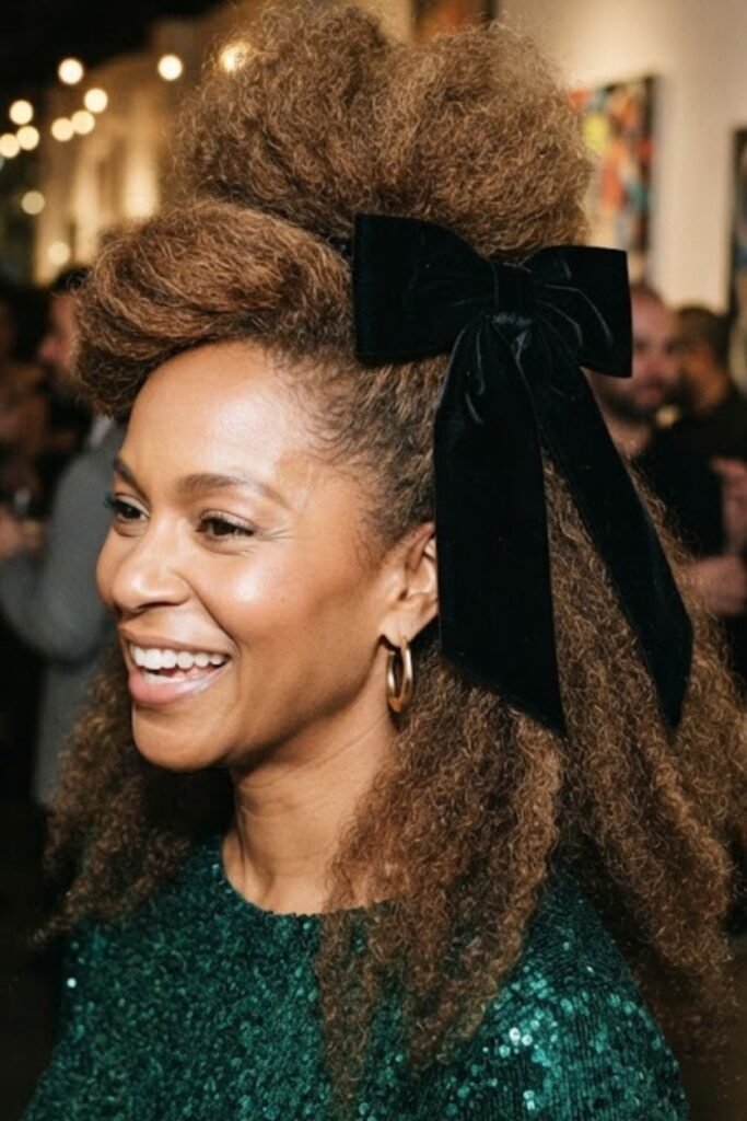 Woman with an 80s half-up hairstyle with crown volume and a bow