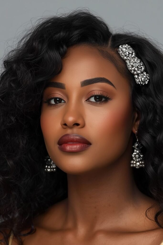 Curly hair in a half-up style with a jeweled claw clip