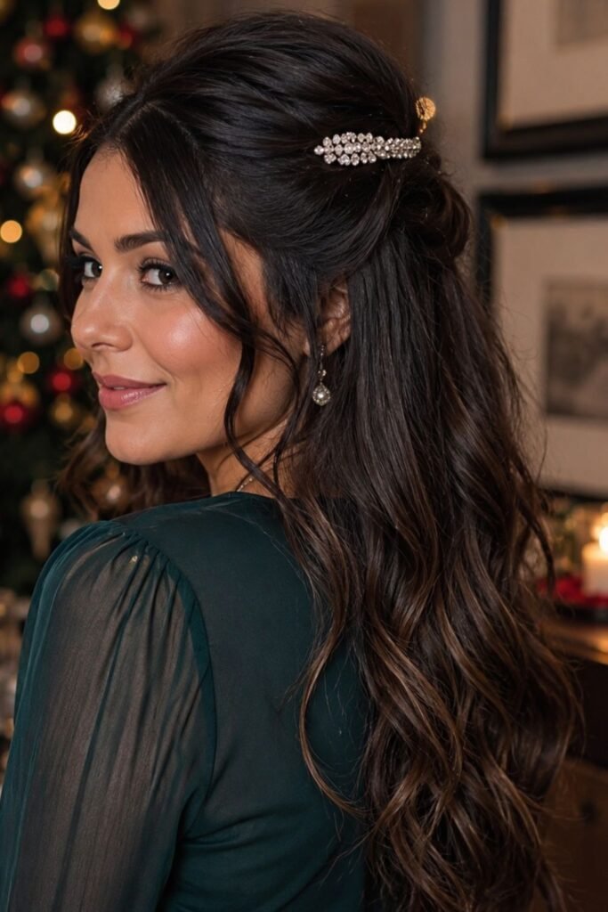 Loose half-up hairstyle with a rhinestone barrette