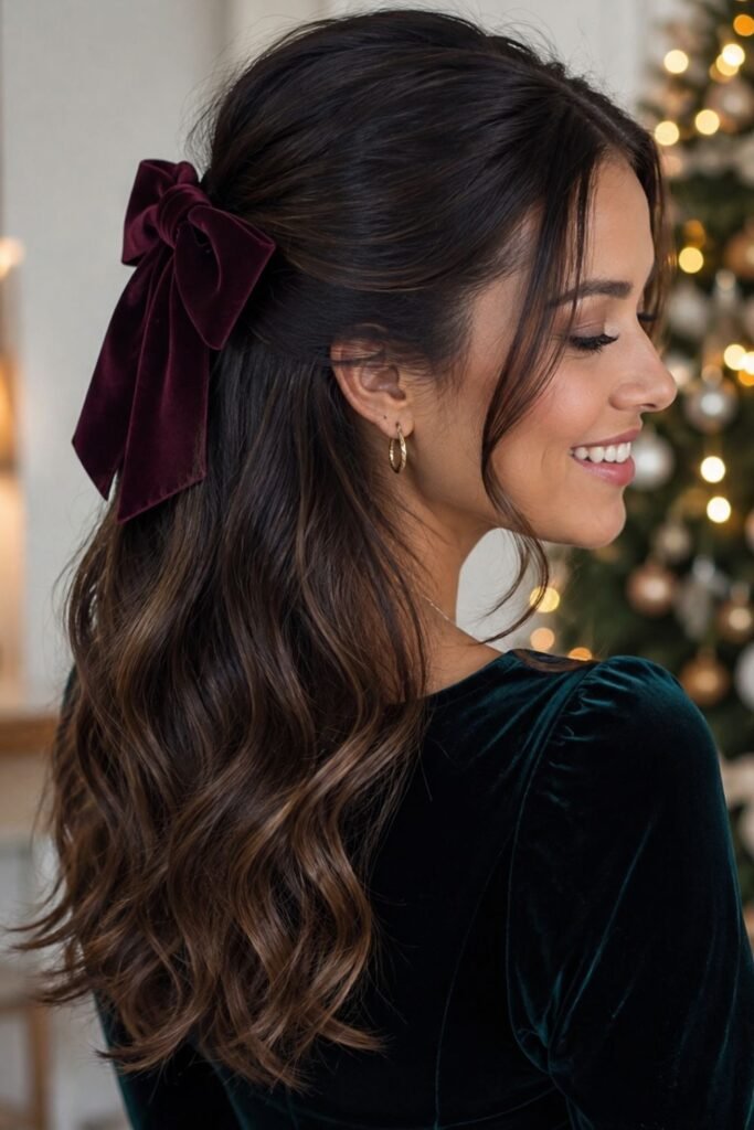 Half-up hairstyle with a red velvet bow