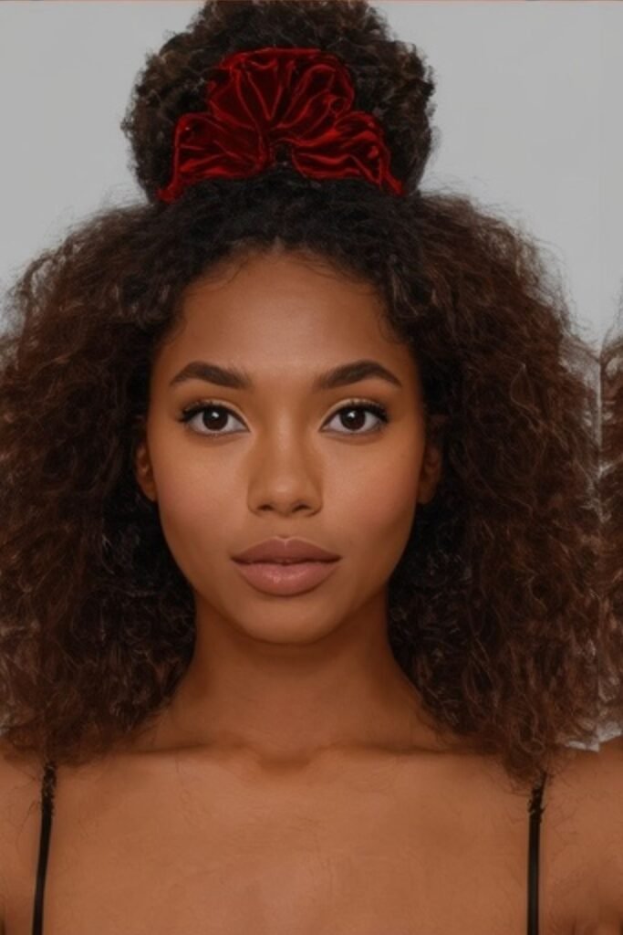 Curly half-up hairstyle with a burgundy velvet scrunchie