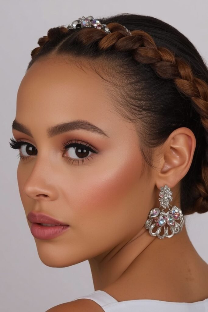 Woman with a halo braid decorated with floral pins