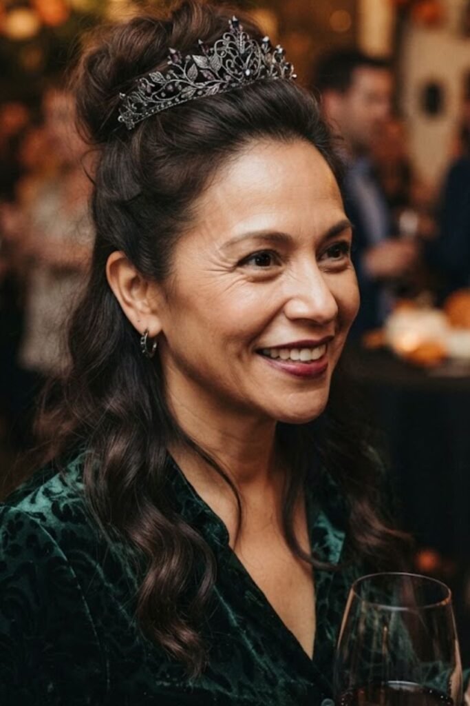 High Bun with a Dark Crown Accessory