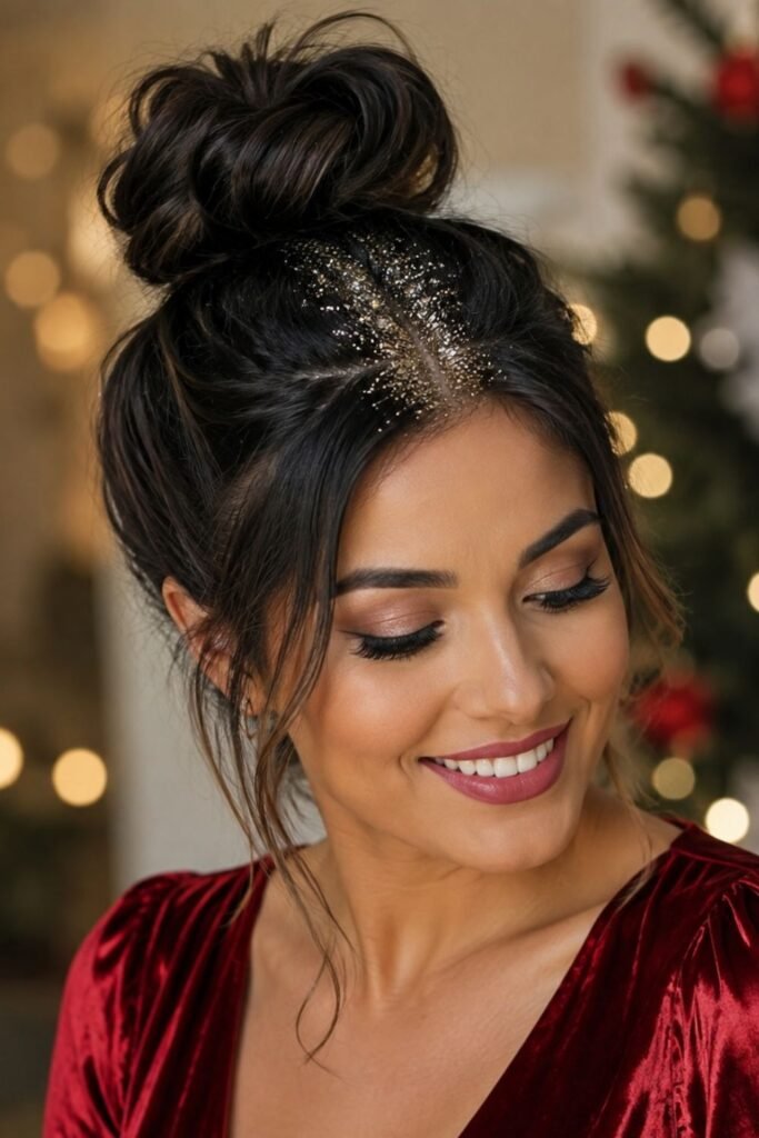 High bun with glitter along the part