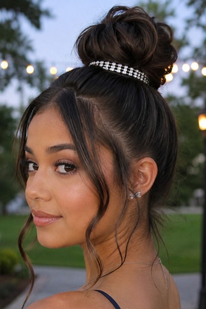 Sleek high bun wrapped with a rhinestone cuff