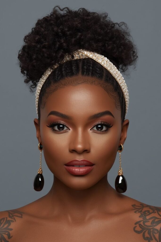 High curly bun wrapped with a jeweled chain
