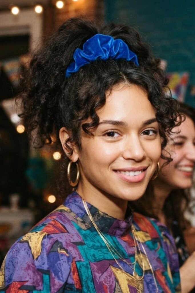 Woman with a high ponytail tied with a scrunchie