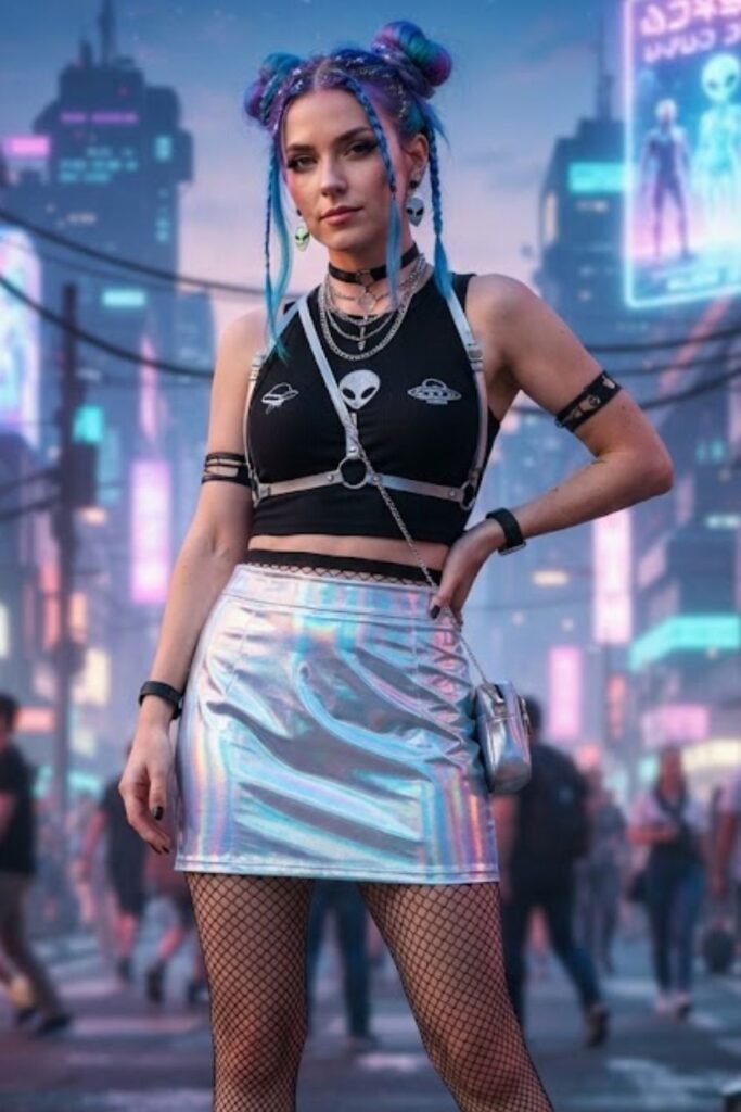 Woman in a holographic mini skirt with a black crop top and platform boots