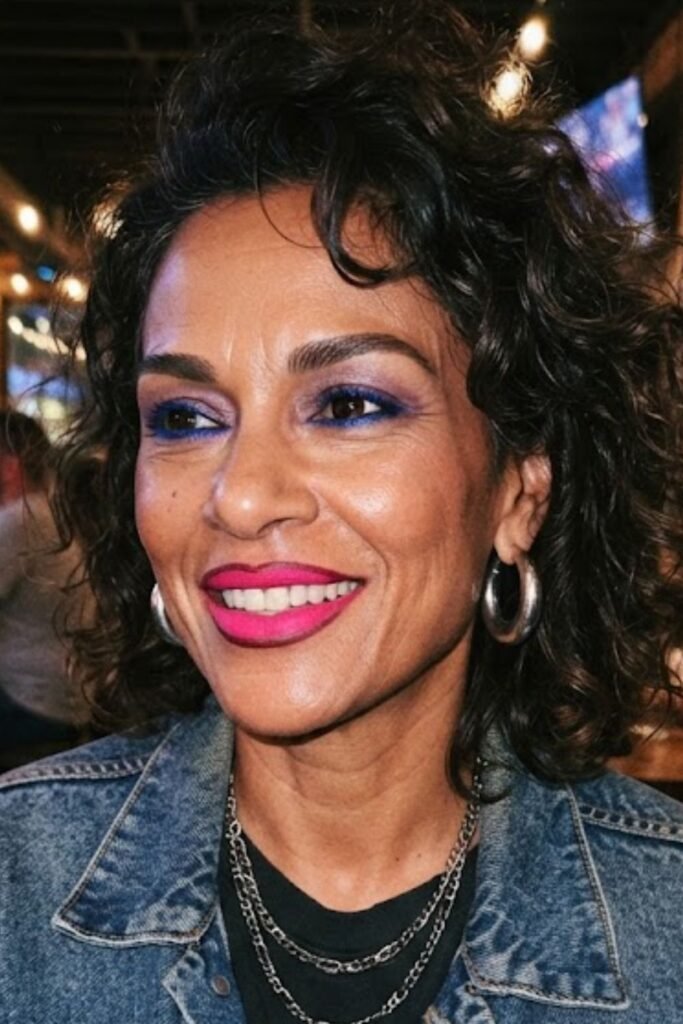 Woman with a hot pink lip outlined in dark lip liner