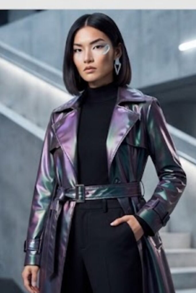 Woman wearing an iridescent trench coat over an all-black outfit
