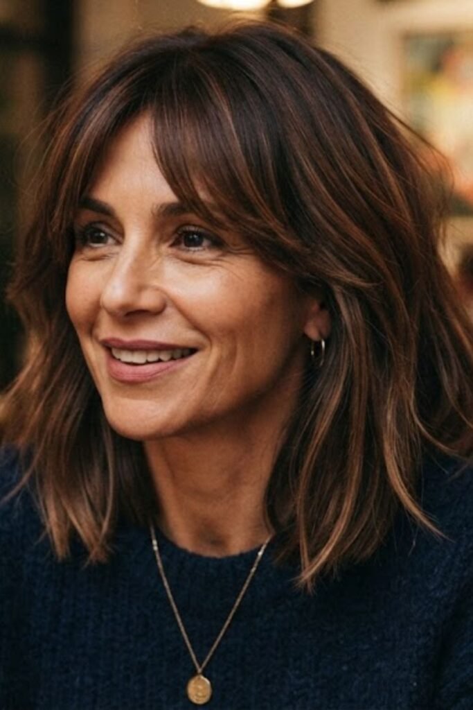 Woman over 40 with a layered lob and curtain bangs
