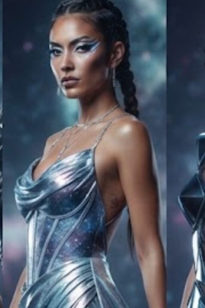 Woman in a fitted silver liquid metal dress with matching heels