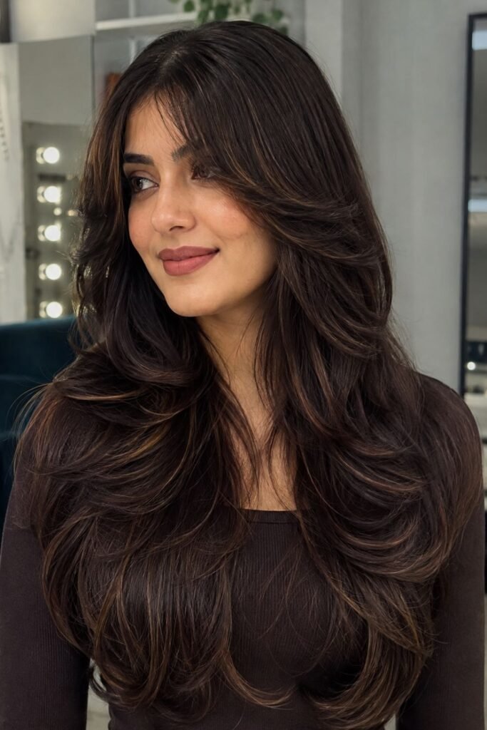 Woman with a long butterfly cut styled in soft waves