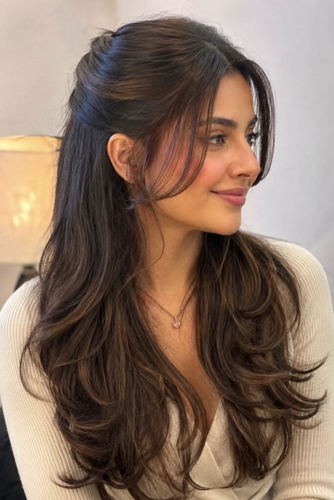 Woman with a long butterfly cut worn half-up