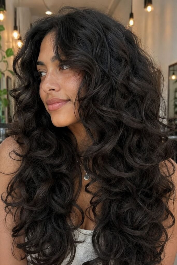 Woman with a long butterfly cut on curly hair