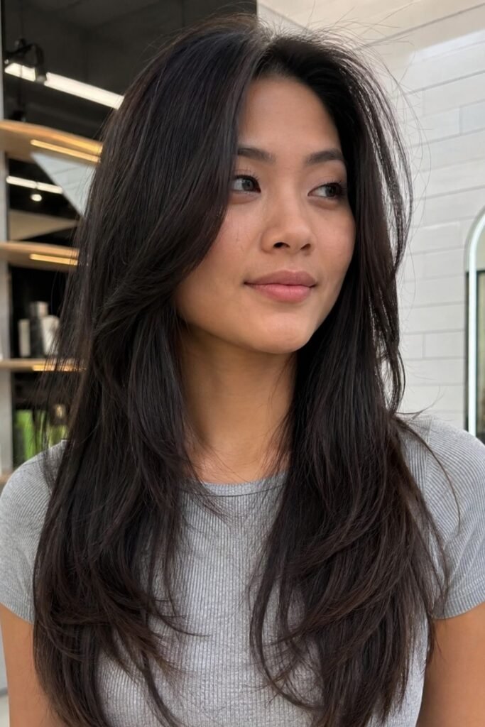 Woman with a long butterfly cut on straight hair