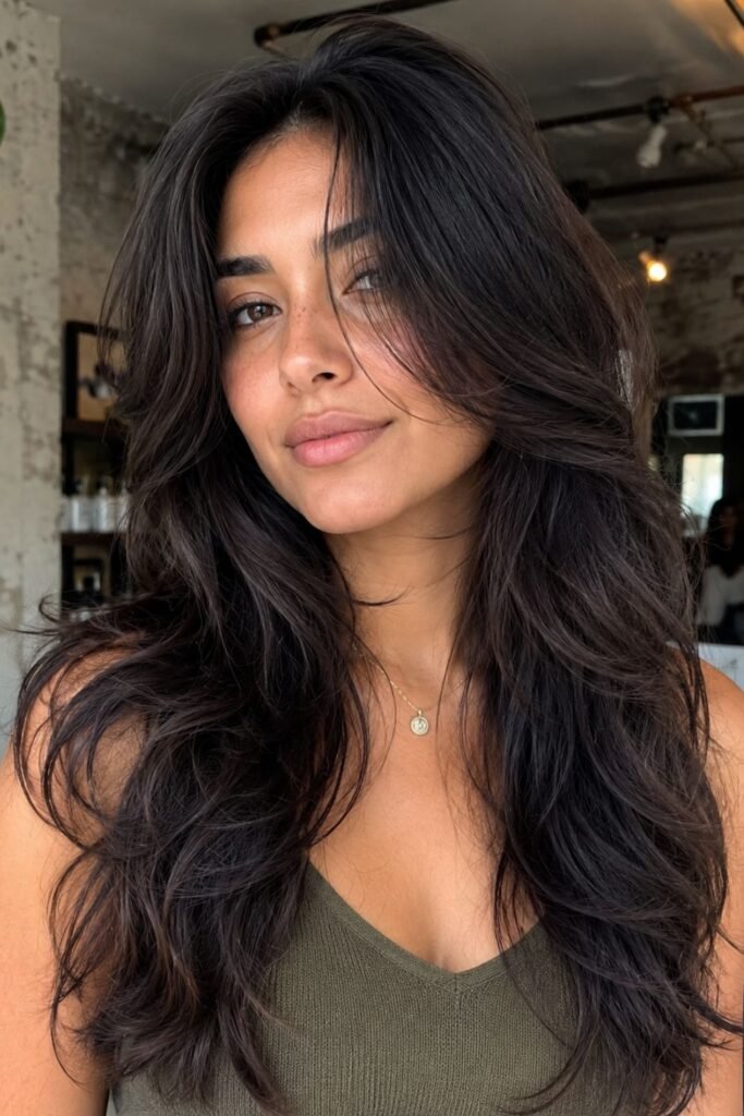 Woman with a long butterfly cut on wavy hair