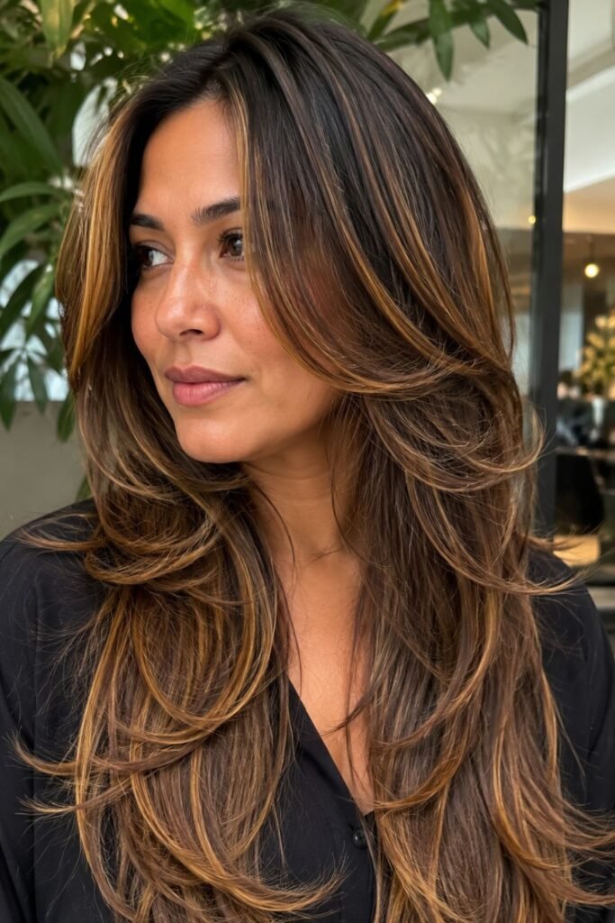 Woman with a long butterfly cut and caramel highlights