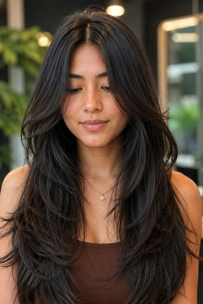 Woman with a long butterfly cut and center part