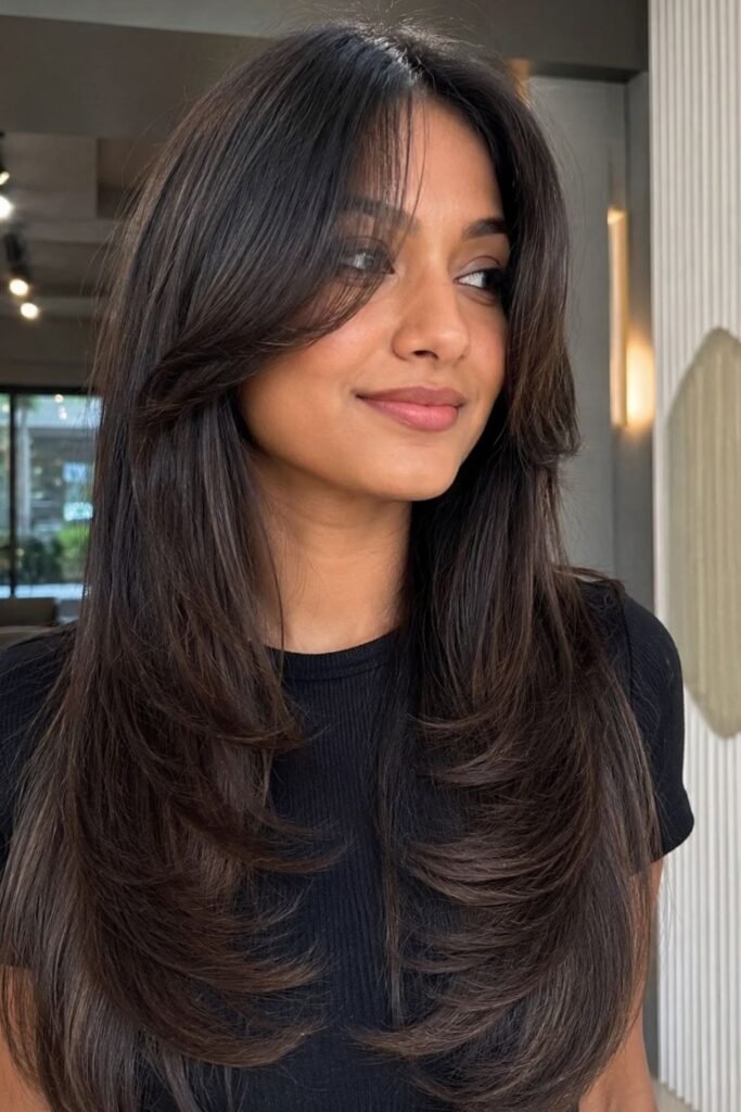 Woman with a long butterfly cut and curtain bangs