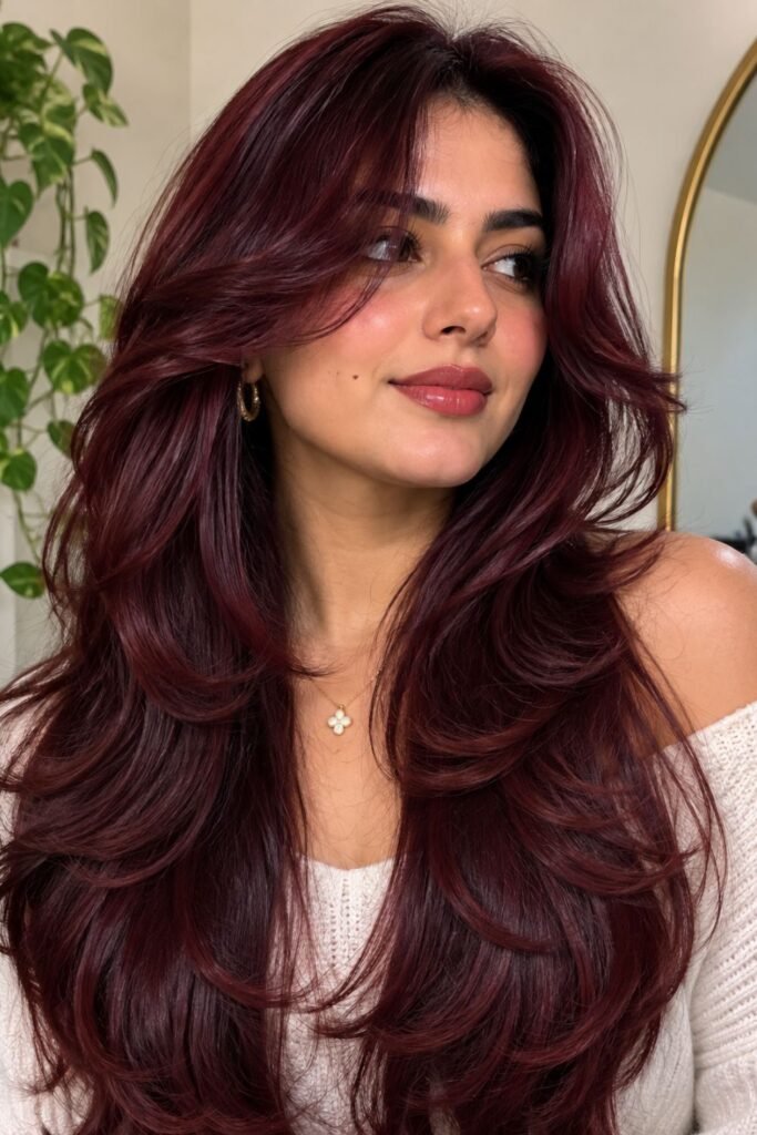 Woman with a long butterfly cut in dark cherry red
