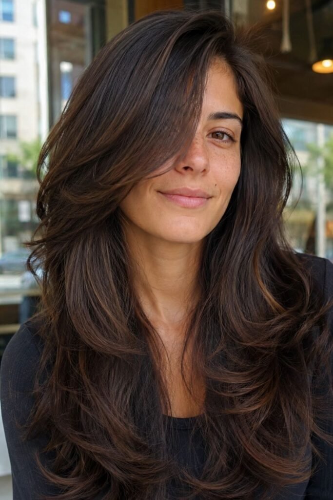Woman with a long butterfly cut and deep side part