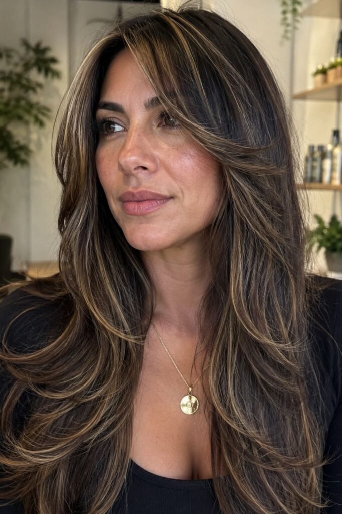 Woman with a long butterfly cut and face-framing highlights