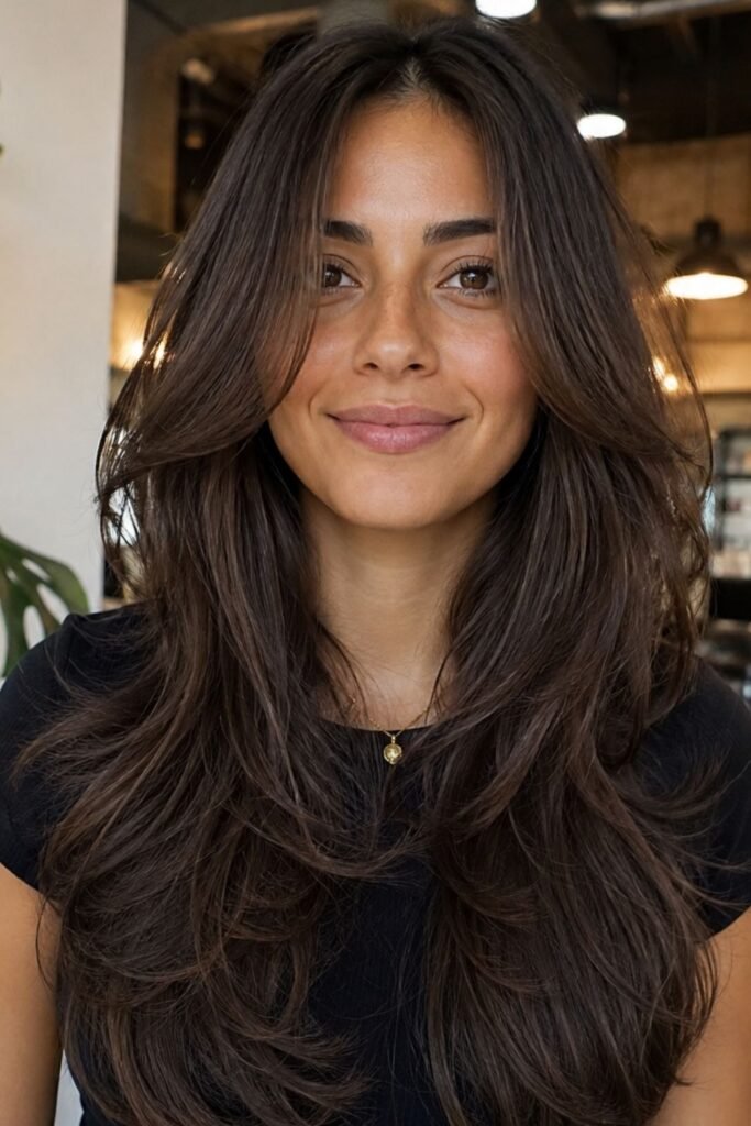 Woman with a long butterfly cut and no bangs