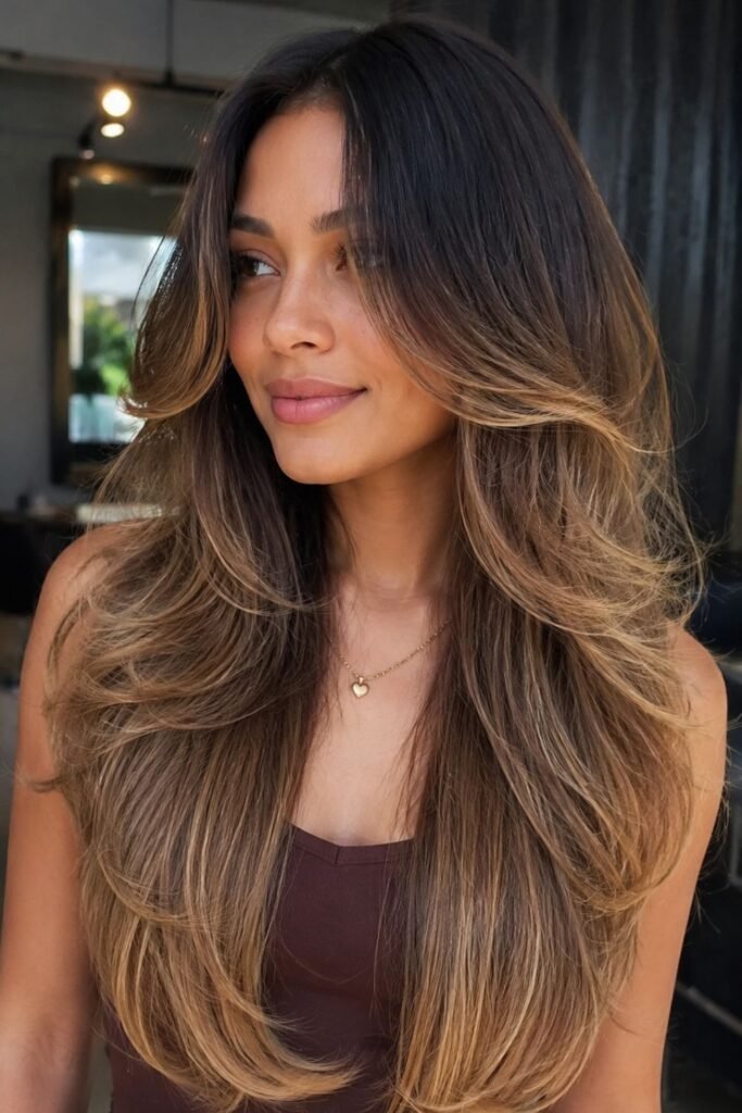 Woman with a long butterfly cut and ombre color