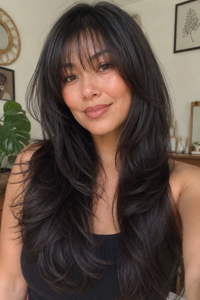 Woman with a long butterfly cut and wispy bangs