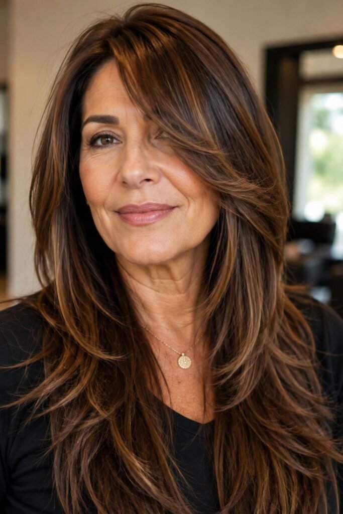 Woman over 50 with long face-framing layers and a side part