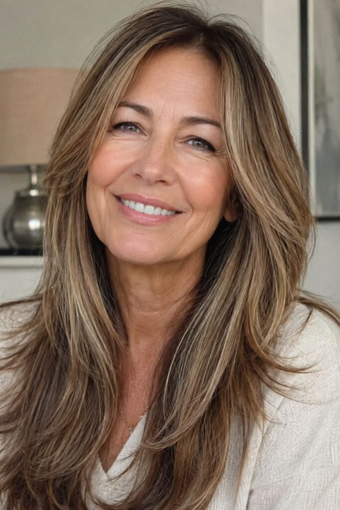 Woman over 50 with long layered hair in a natural blow-dried finish