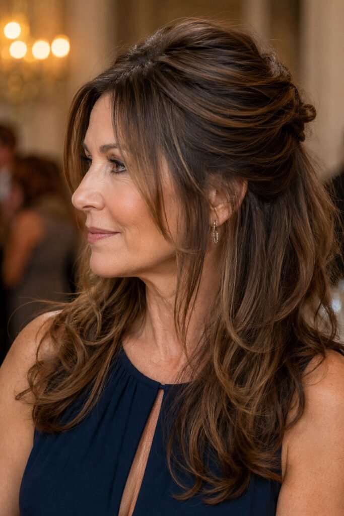 Long layered hair in a half-up style with soft waves