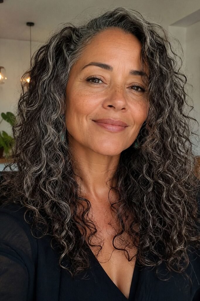Woman with long layered natural textured hair