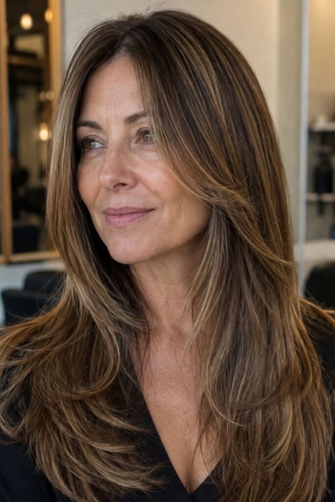 Woman over 50 with long straight layered hair