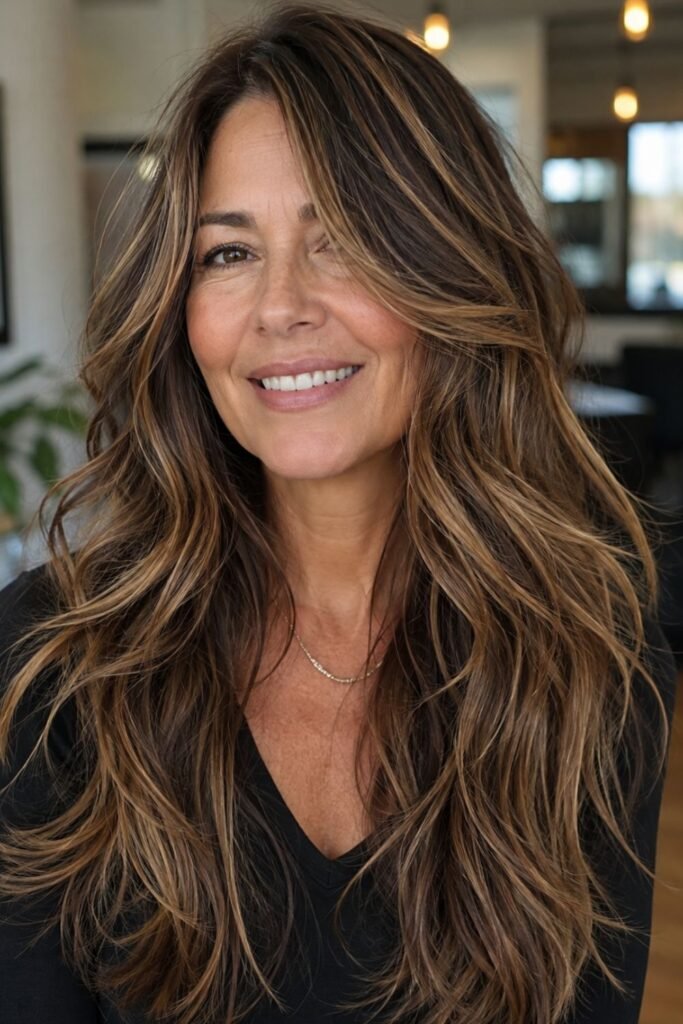 Woman over 50 with long wavy layered hair