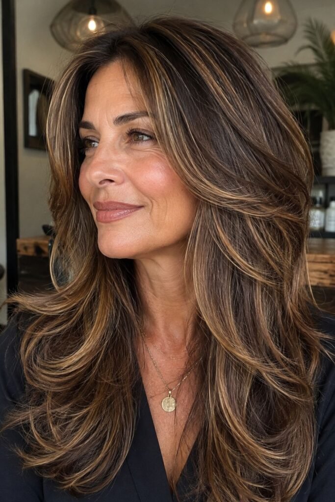 Long layered brown hair with caramel highlights