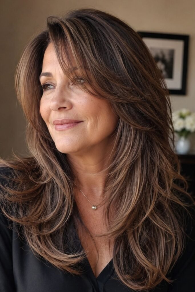 Woman over 50 with long layers, curtain bangs and an off-center part