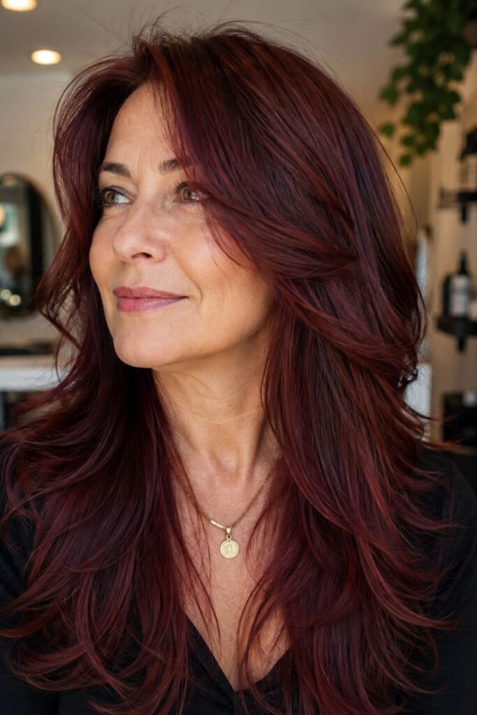 Long layered dark cherry red hair