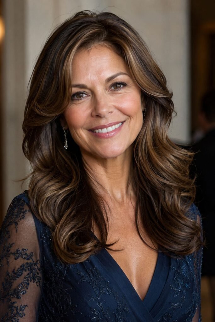 Long layered hair styled in Hollywood waves