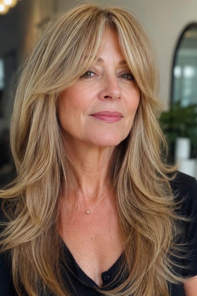 Woman over 50 with fine long layered hair and a soft curtain bang