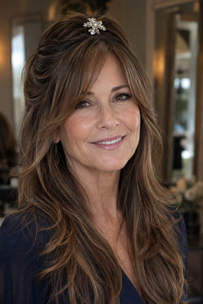 Long layered hair with a jeweled pin at the crown
