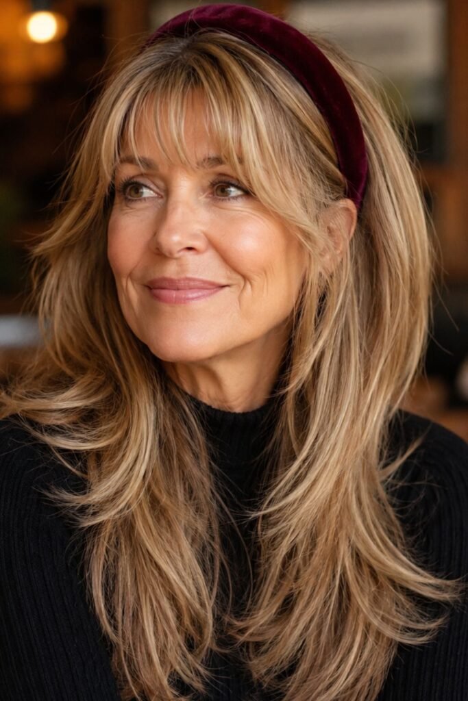 Long layered hair worn with a velvet headband