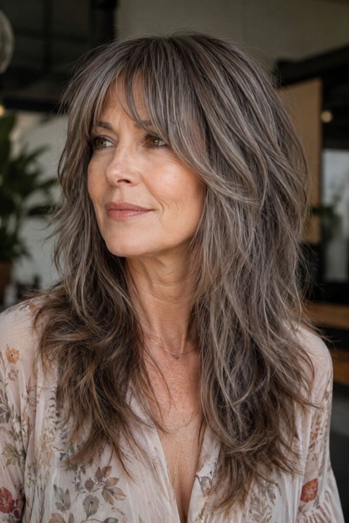 Long shag with curtain bangs on a woman over 50