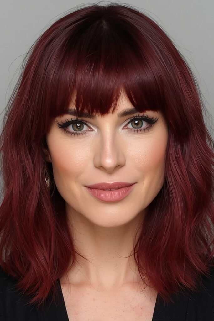 Long shag haircut with dark cherry red hair color
