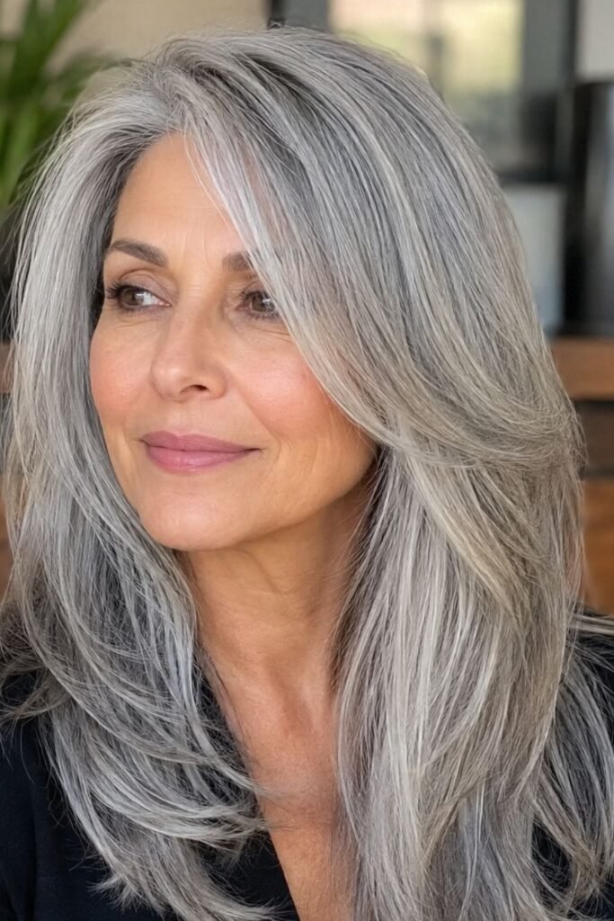 Woman over 50 with long silver layered hair and a deep side part