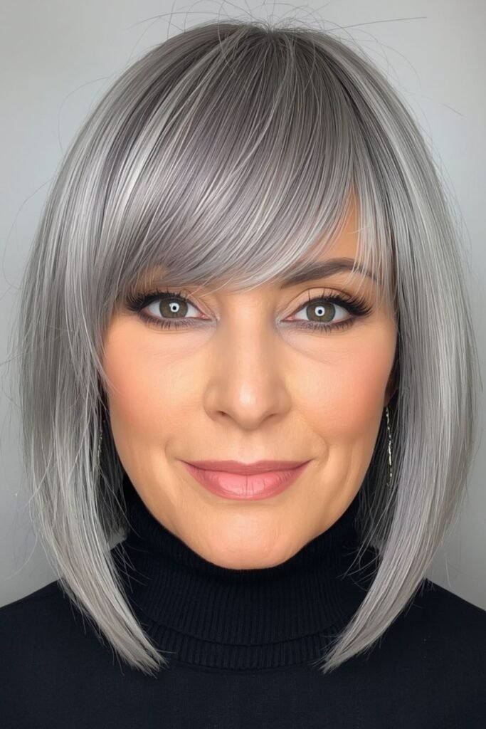Long silver shag worn with a deep side part