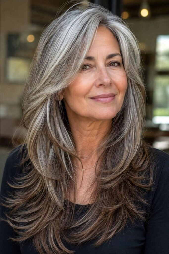 Long layers blending silver roots into brunette lengths