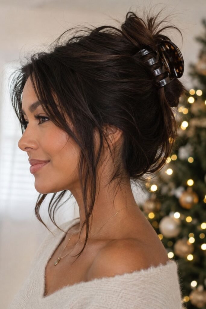 Loose claw clip bun with face-framing pieces