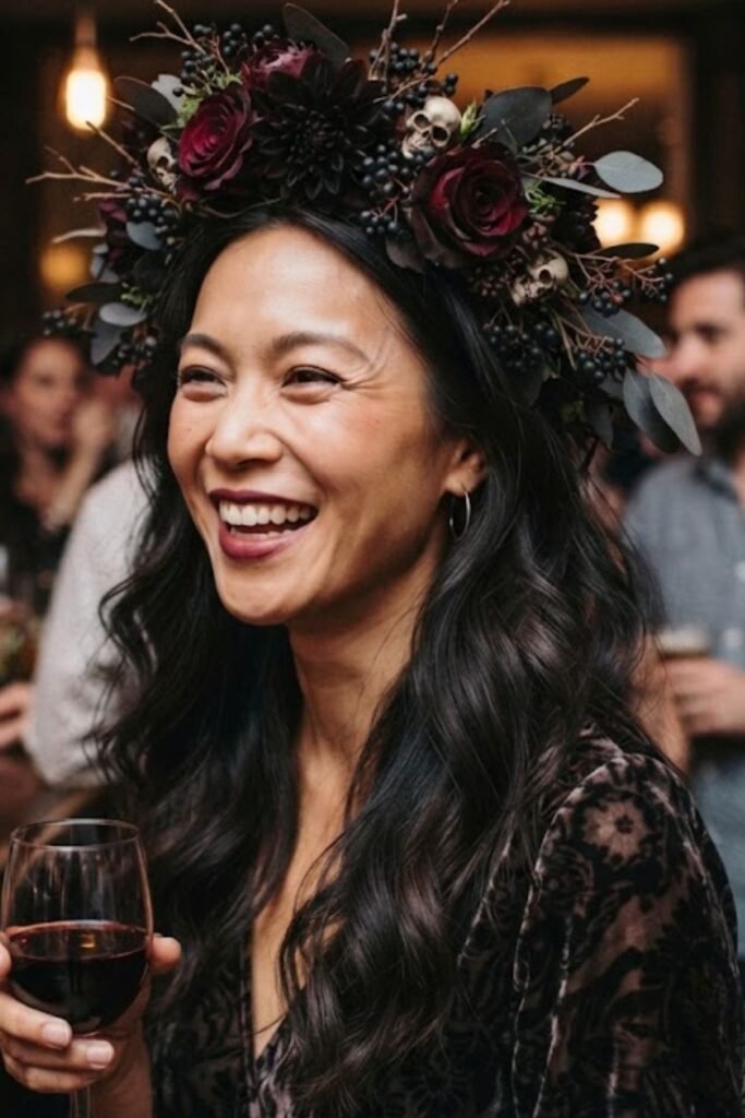 Loose Hair with a Dark Floral Crown